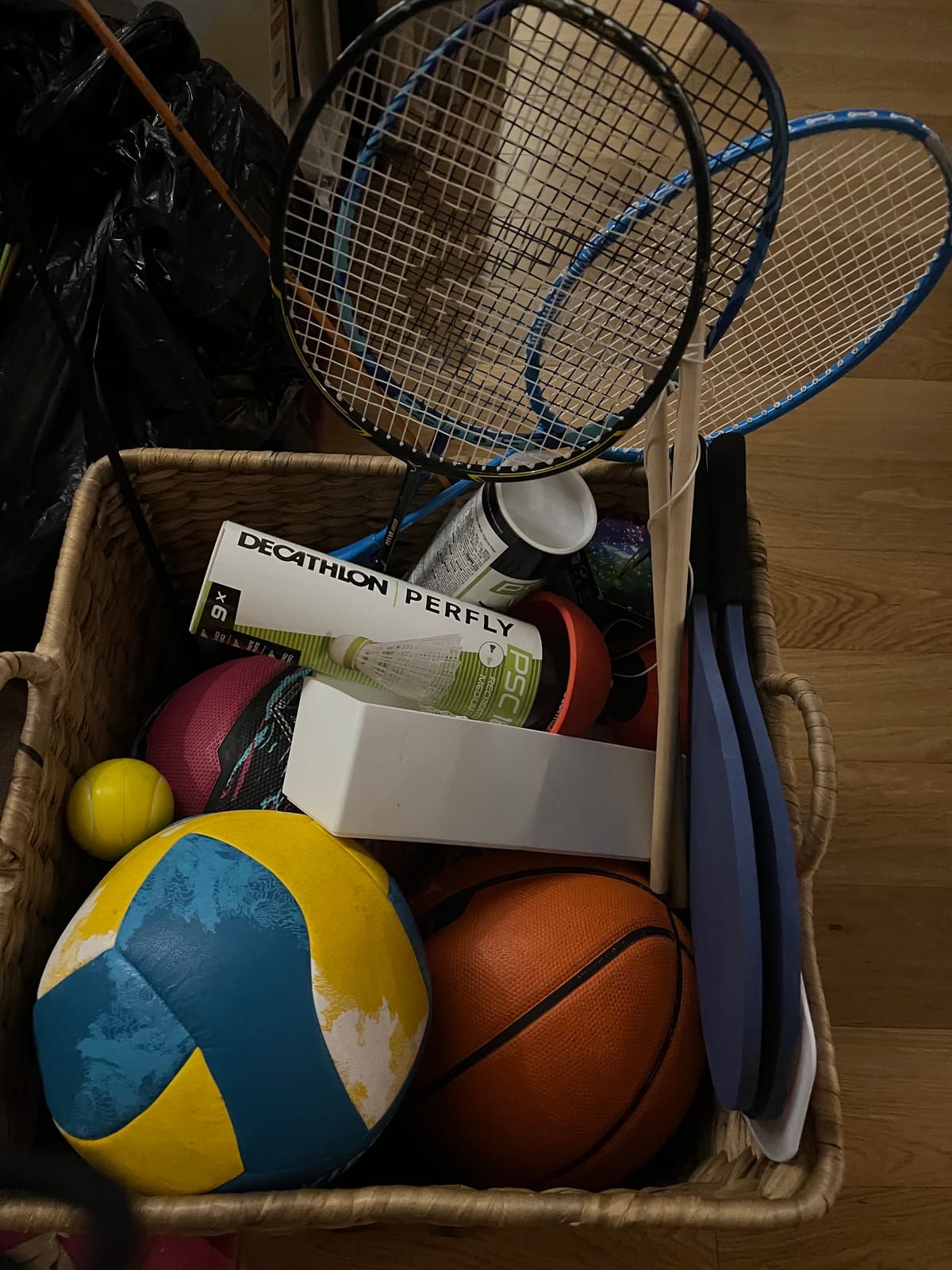 Various Balls, Badminton bats, etc